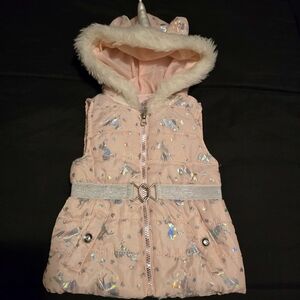Little Lass Girl's Unicorn Faux Fur Hooded Puffer Vest Pink & White‎ Size 2T